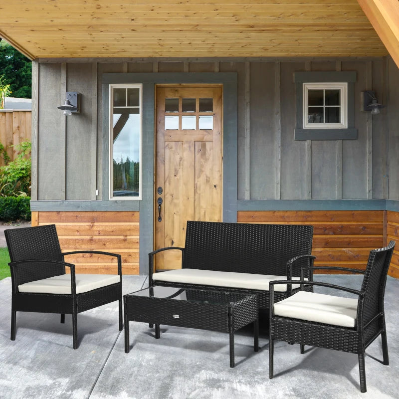 Black 4-Piece PE Rattan Garden Set: Corner Sofa with Cushions, Armchairs, Loveseat & Glass-Top Table