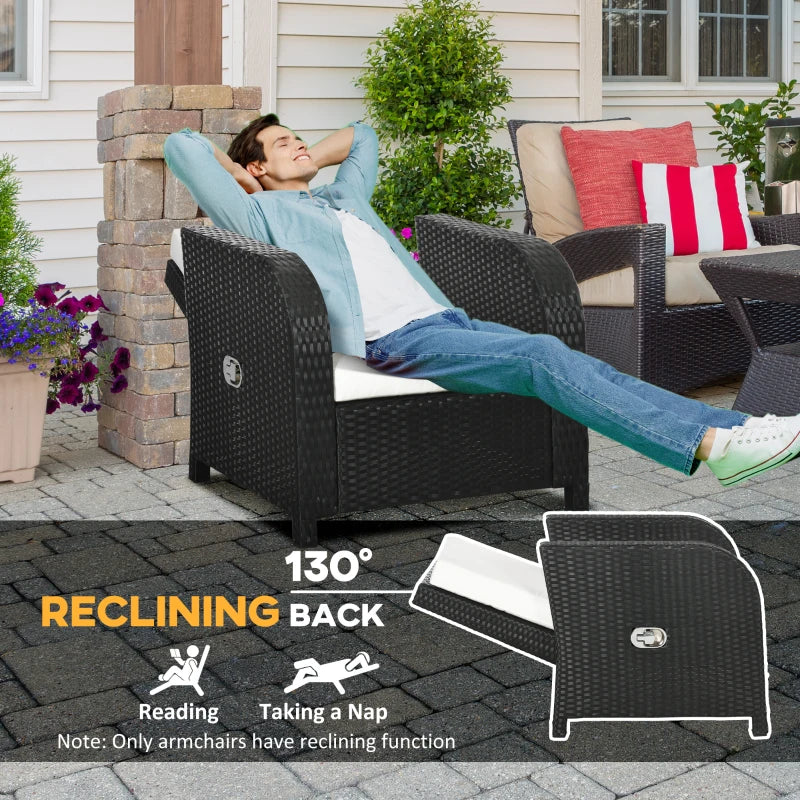 Black 7 Seater Rattan Furniture Set with Wicker Sofa, Reclining Armchair and Glass Table