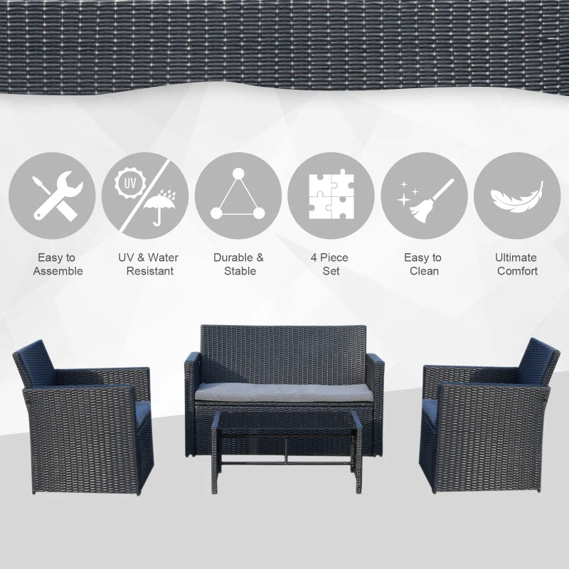 Black 4 Piece Rattan Furniture Set with Grey Cushions, 2 Armchairs and Dark Coffee Table