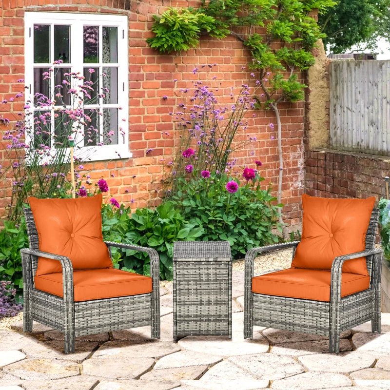 Mixed Grey Rattan Bistro Set With Orange Cushions and Storage Table