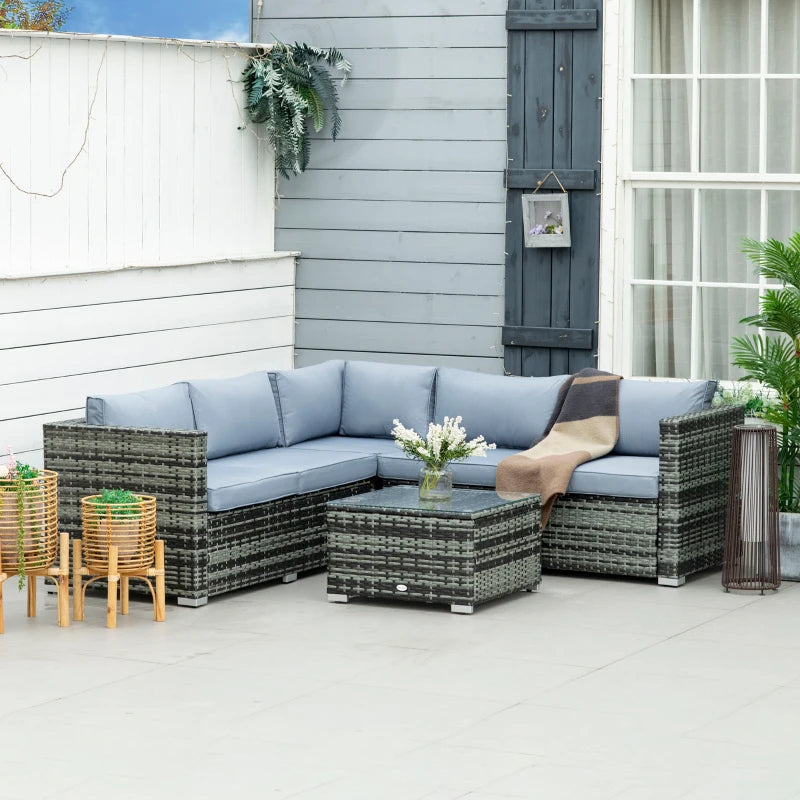 Outsunny 4 Pieces Rattan Garden Furniture Sets Wicker Patio Conservatory Dining Set with Corner Sofa Loveseat Coffee Table Cushions for Balcony Backyard Pool Grey