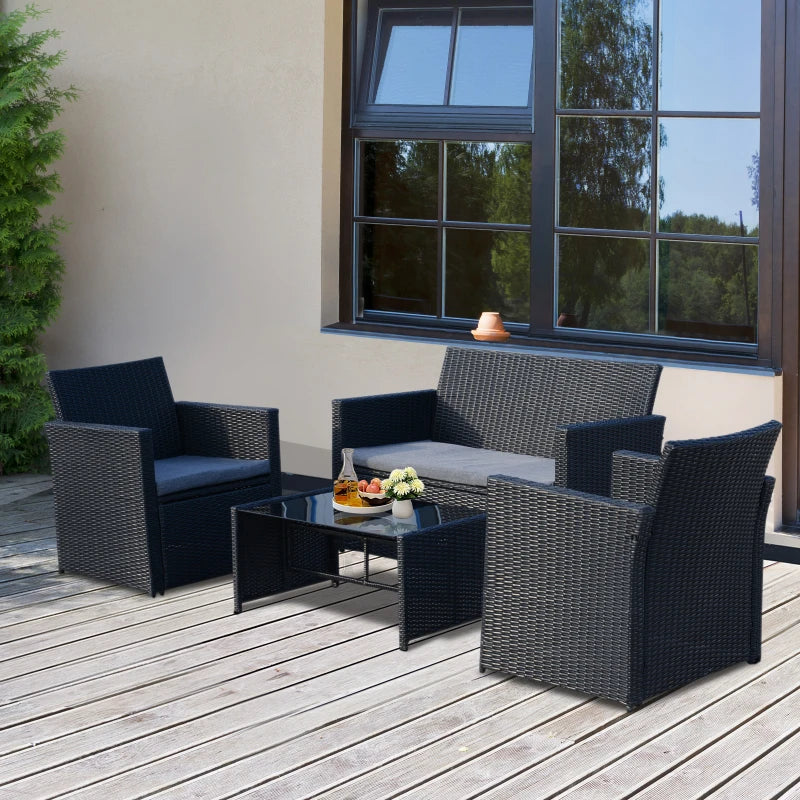 Black 4 Piece Rattan Furniture Set with Grey Cushions, 2 Armchairs and Dark Coffee Table