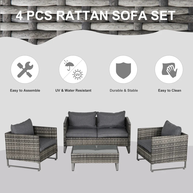 Dark Grey 4 Piece Rattan Sofa Set With Armchairs, Loveseat and Glass Top Coffee Table