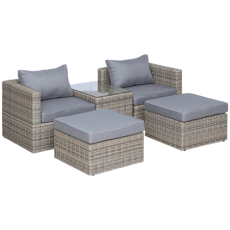 Mixed Brown 5 Piece Rattan Balcony Sofa Set with Corner Armchairs, Ottomans, and Glass Top Table