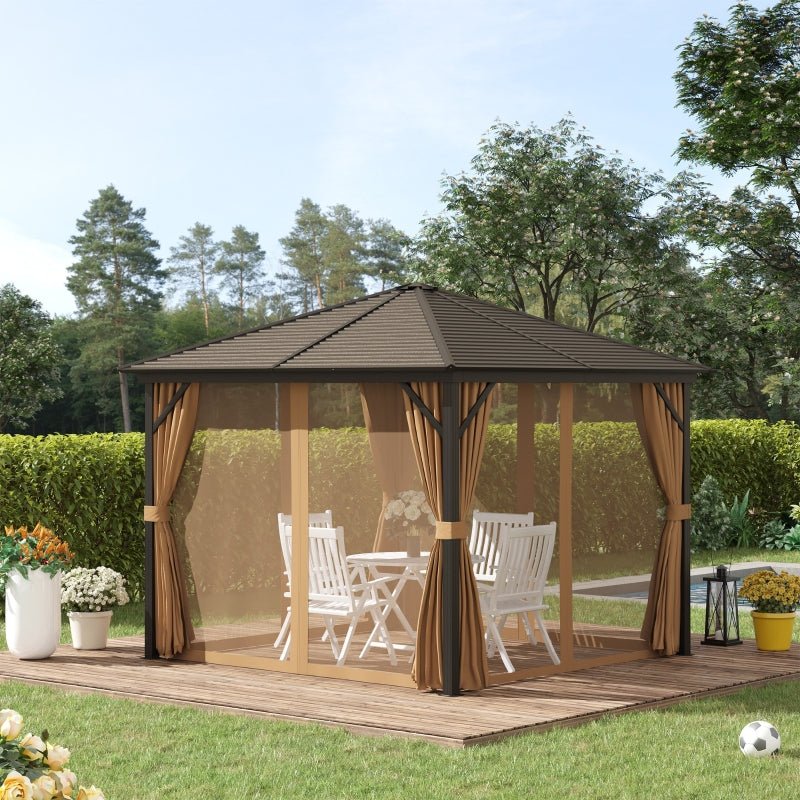 AluShade Oasis 3x3M: Garden Sanctuary with Metal Canopy & Deluxe Drapery - Brown - Trade Warehouse