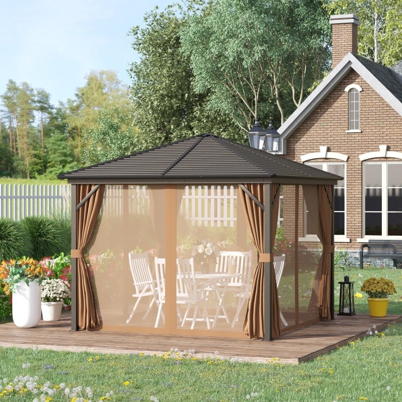AluShade Oasis 3x3M: Garden Sanctuary with Metal Canopy & Deluxe Drapery - Brown - Trade Warehouse