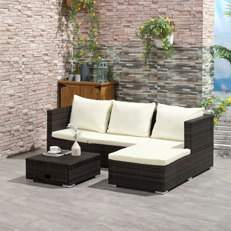 3 piece Rattan Furniture Set - 4 Seater Wicker Sofa With Cream Cushions and Footstall