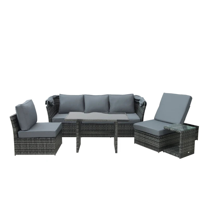 Grey 5 Piece Rattan Furniture Set With Reclining Sofa & Dining Table Set