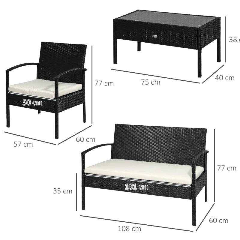 Black 4-Piece PE Rattan Garden Set: Corner Sofa with Cushions, Armchairs, Loveseat & Glass-Top Table