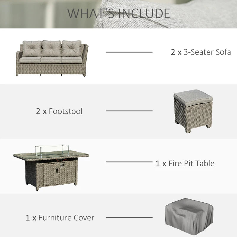 8-Seater Rattan Sofa Set With Fire Pit Table, L-Shape Sofa, Footstool and Furniture Cover