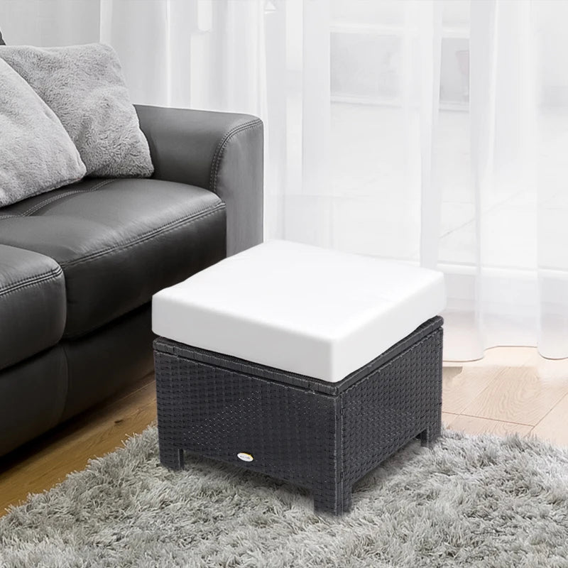 Black Rattan Footstool with Padded Seat Cushion