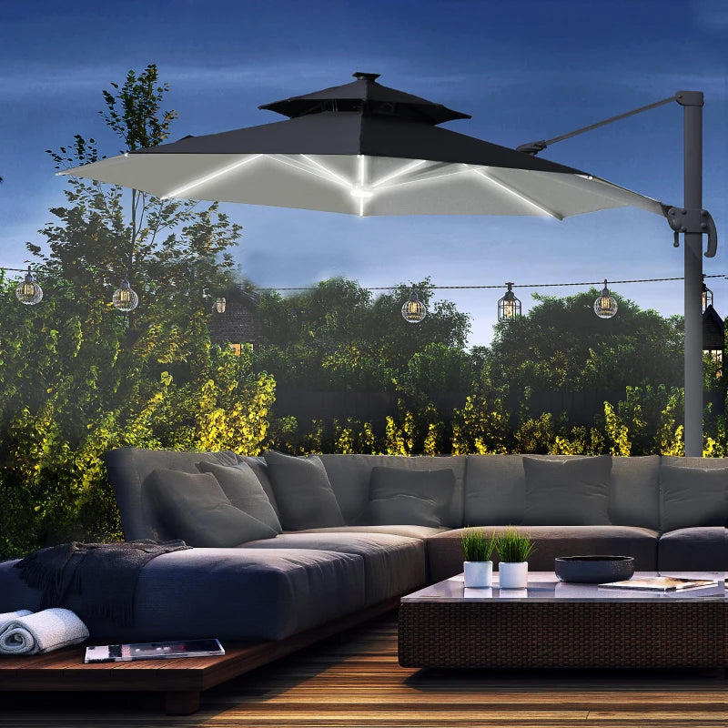 2.8H x 3.3m Dark Grey Cantilever Parasol With Solar Lights