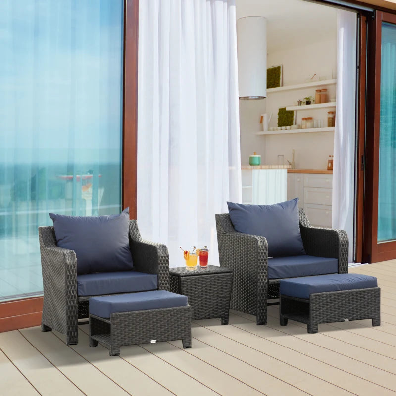 Brown 5 Piece Rattan Furniture Set With Chairs, Storage Stools and Side Table