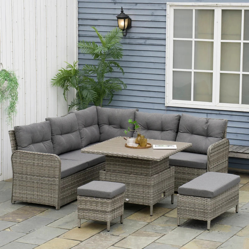 Grey 6 Piece Rattan Corner Sofa With Soft Padded Cushions & Liftable Coffee Table