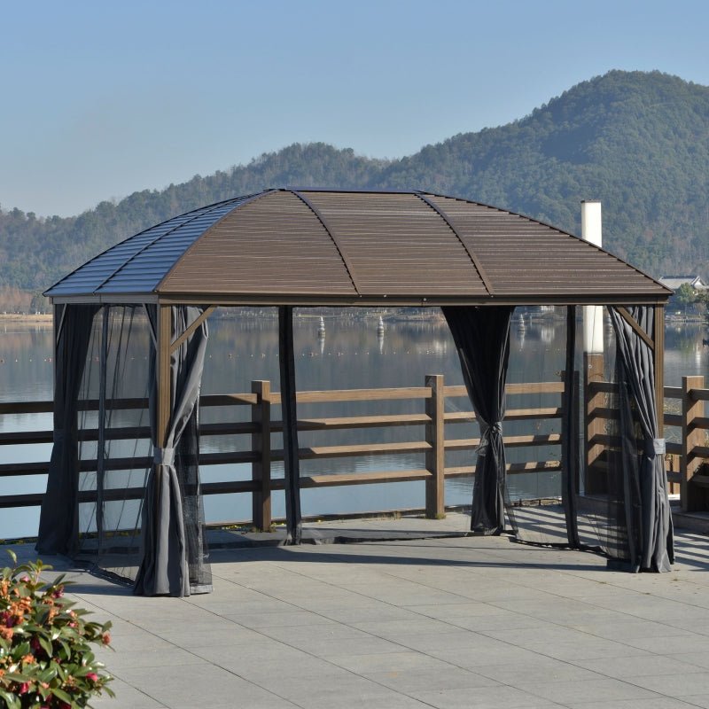 Brown Steel Hardtop Gazebo With Curtains and Netting - Trade Warehouse