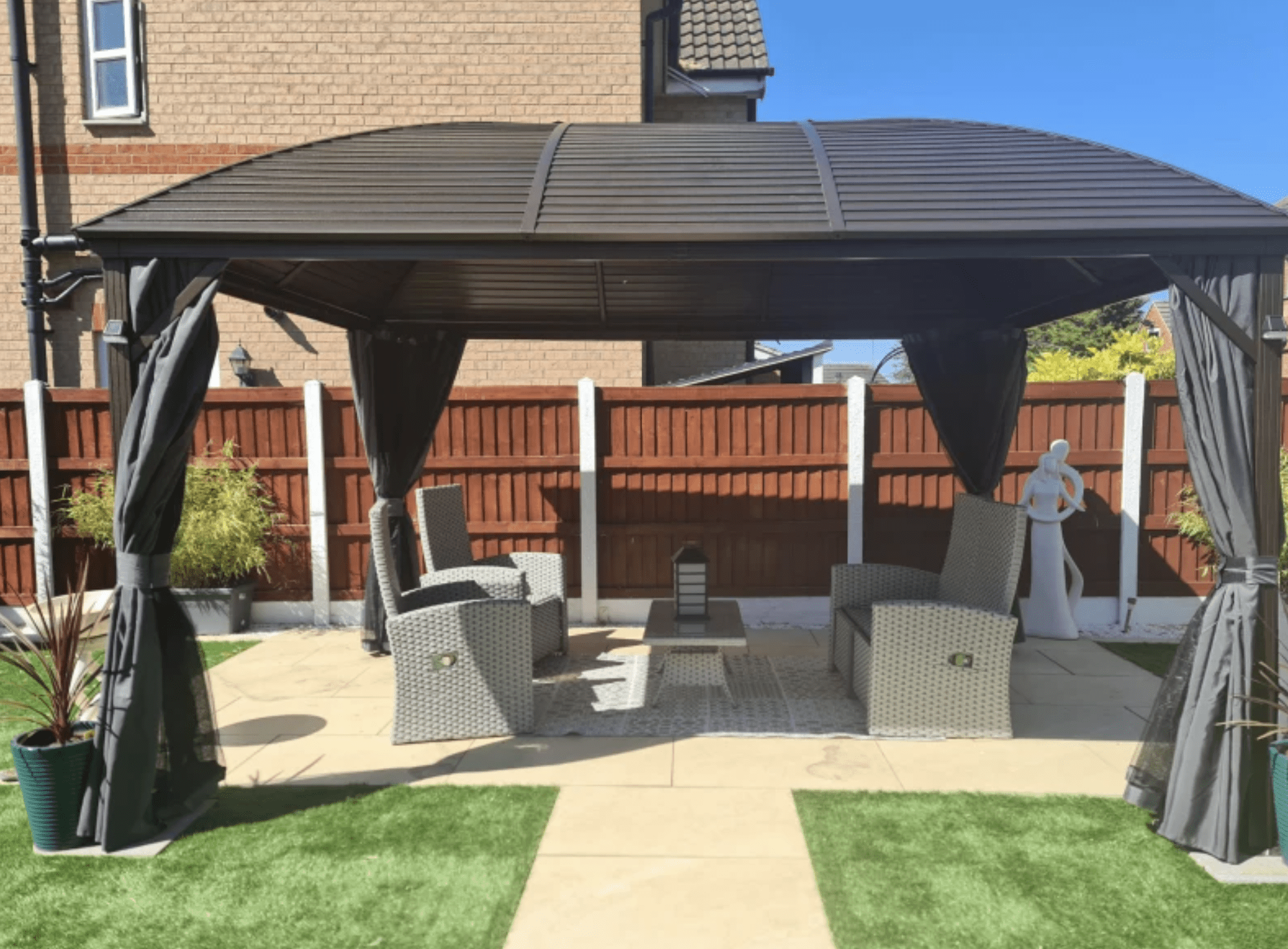 Brown Steel Hardtop Gazebo With Curtains and Netting - Trade Warehouse