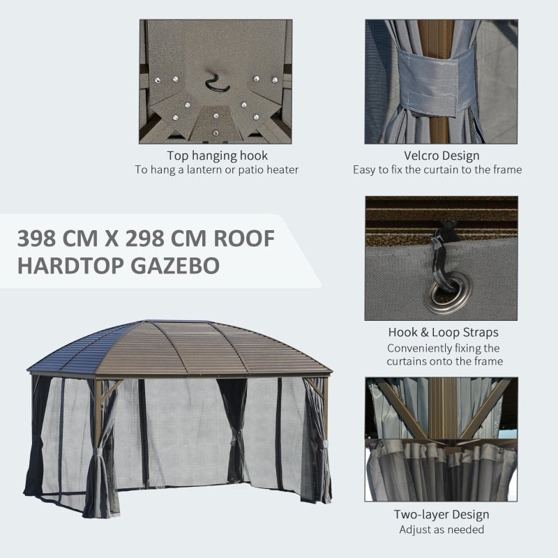 Brown Steel Hardtop Gazebo With Curtains and Netting - Trade Warehouse