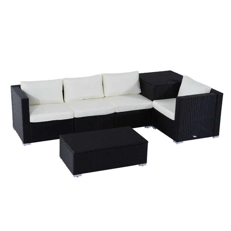 Black 4 Seater rattan Sofa With Cream Cushions And Storage Coffee Table
