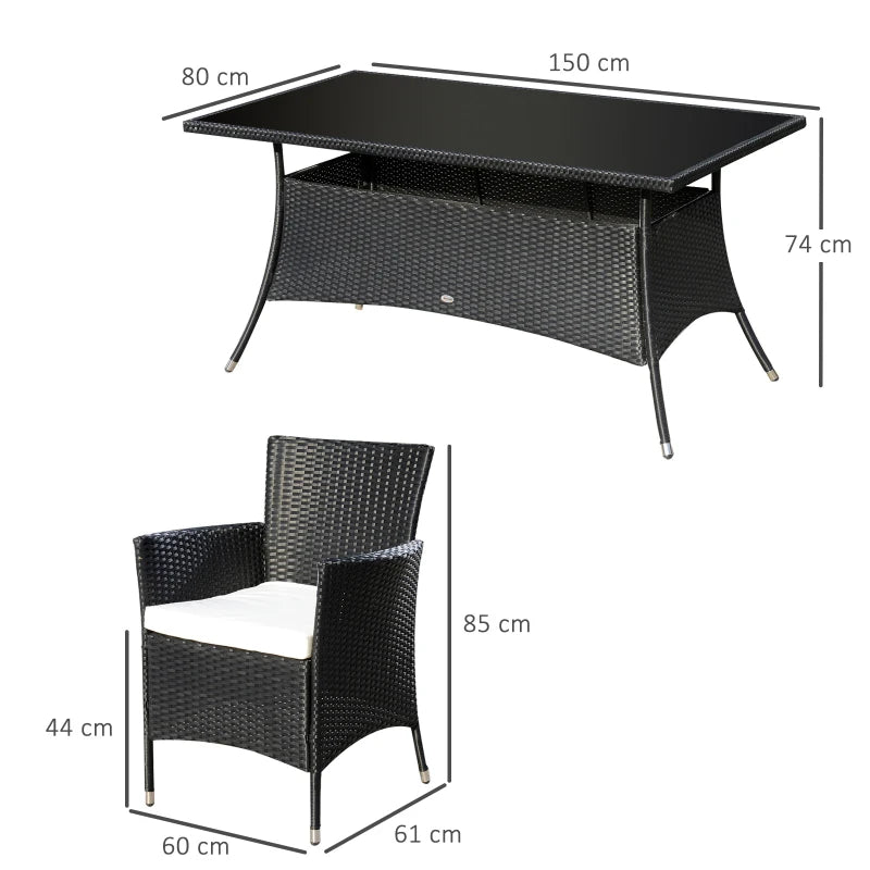 Black 6 Seater Rattan Dining Set With 6 Armchairs, Rectangular Glass Top Table, Outdoor Dining Table and Chairs