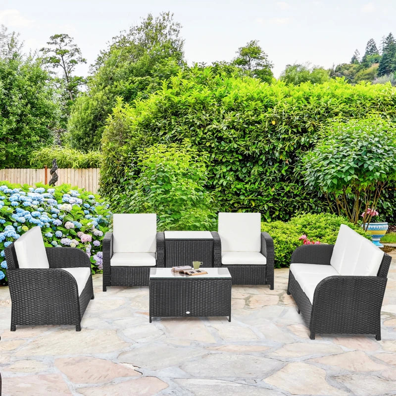 Black 7 Seater Rattan Furniture Set with Wicker Sofa, Reclining Armchair and Glass Table