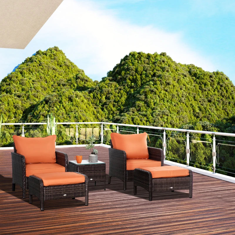 Brown 5 Piece Rattan Set With 2 Armchairs, 2 Stool and Glass Top Table - Orange Cushions