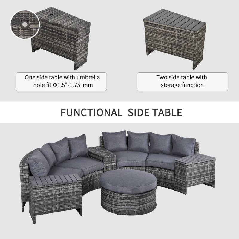 8 Piece Grey Half Round Rattan Sofa Set With 1 Umbrella Hole, Side Table and 2 Storage Tables