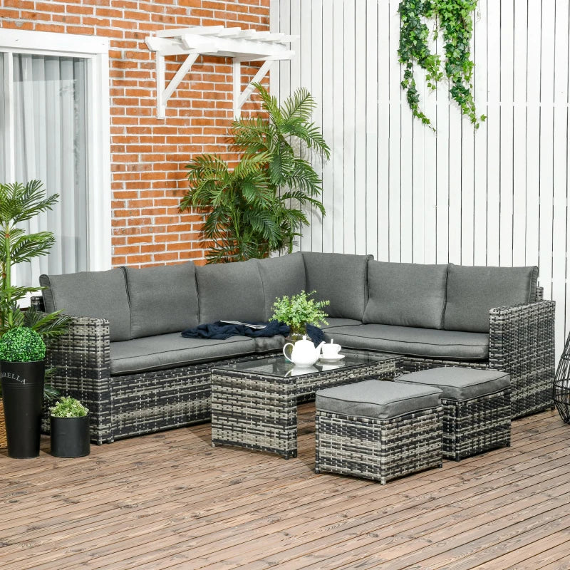 Grey 8-Seater Rattan Corner Sofa with 3 Cushioned Loveseats + 2 Footstools and Table