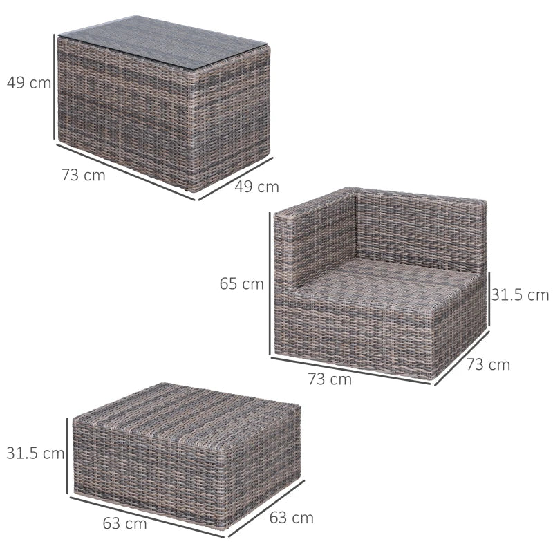 Mixed Brown 5 Piece Rattan Balcony Sofa Set with Corner Armchairs, Ottomans, and Glass Top Table