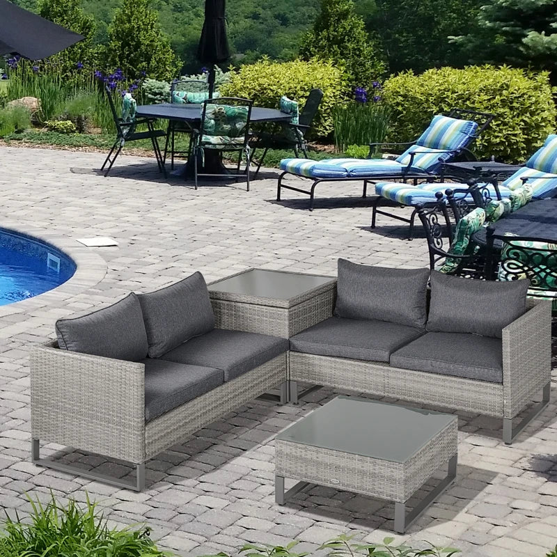 Grey 4 Rattan Wicker Sofa Set With Coffee Table, Side Storage Box & Cushions