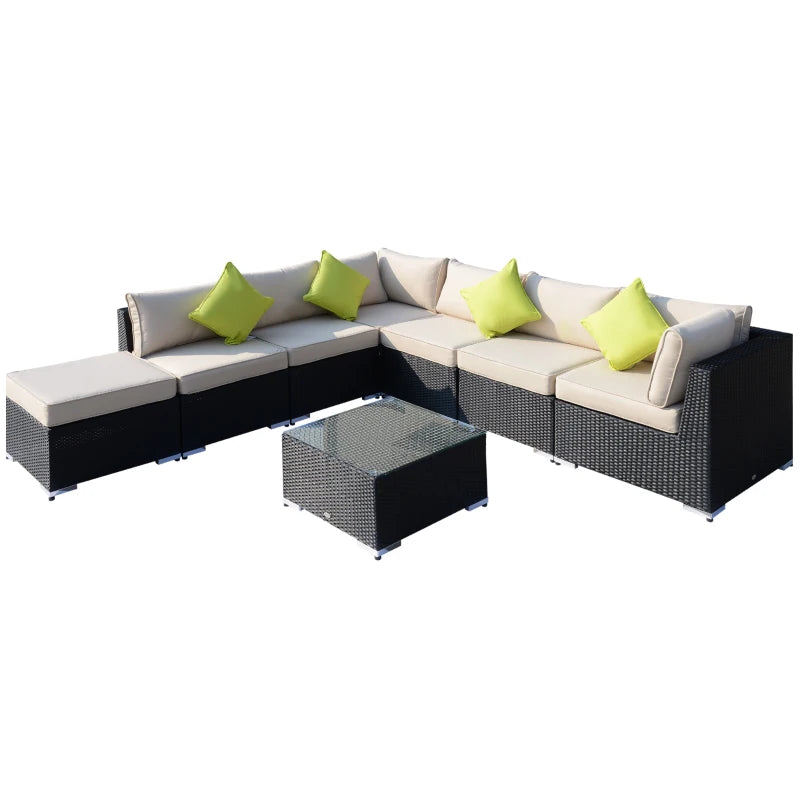 Black 8 Piece Rattan Corner Sofa Set with Cushions and Glass Top Table
