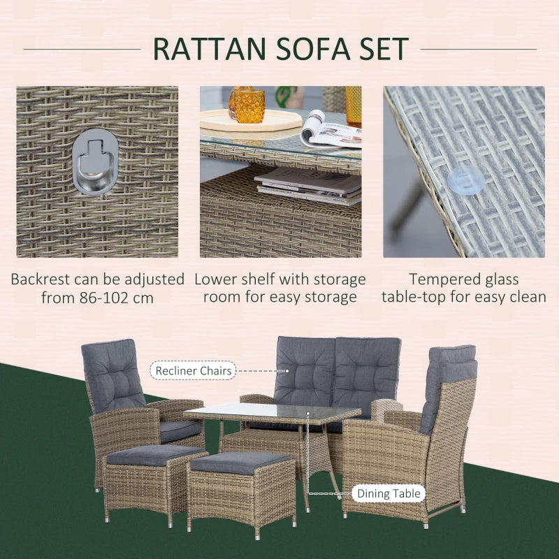 Mixed Grey 4 Seater Rattan Dining Set -Includes Chaise Lounge With Adjustable Backrest