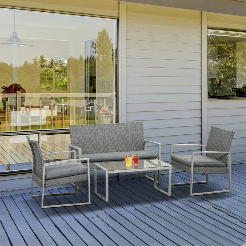 Dark Grey Single Rattan Sofa Arm Chairs and 1 Bench with Cushions & Coffee Table