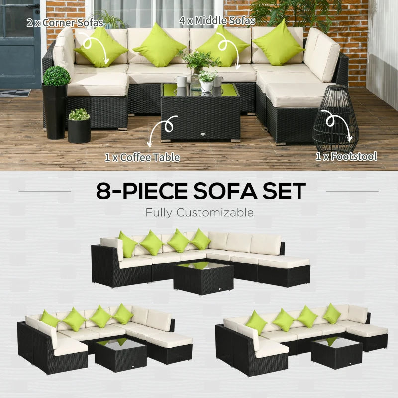 Black 8 Piece Rattan Corner Sofa Set - Washable Cushion Covers & Tempered Glass Table