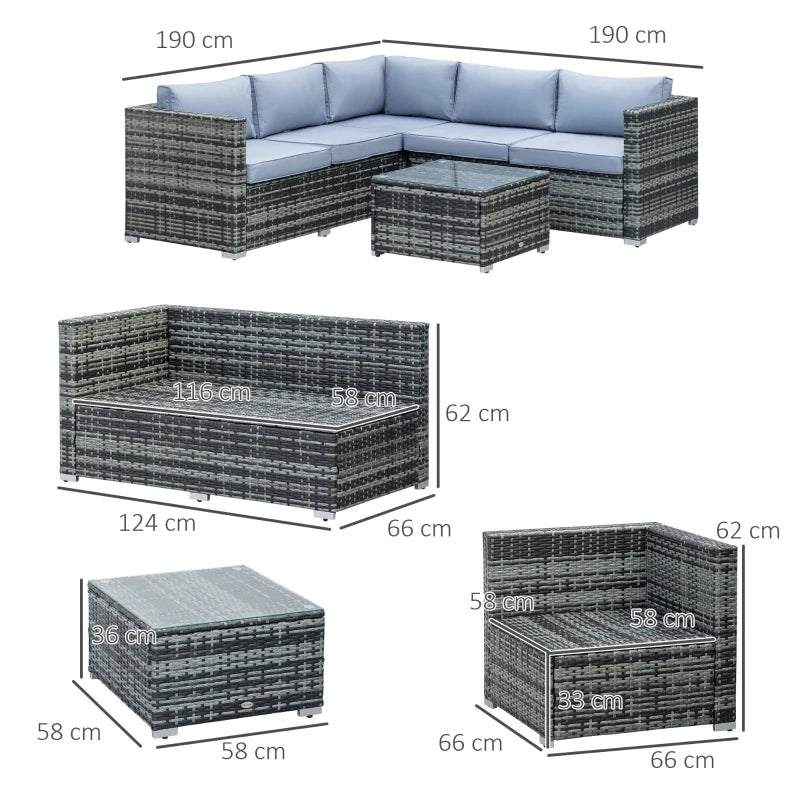 Outsunny 4 Pieces Rattan Garden Furniture Sets Wicker Patio Conservatory Dining Set with Corner Sofa Loveseat Coffee Table Cushions for Balcony Backyard Pool Grey