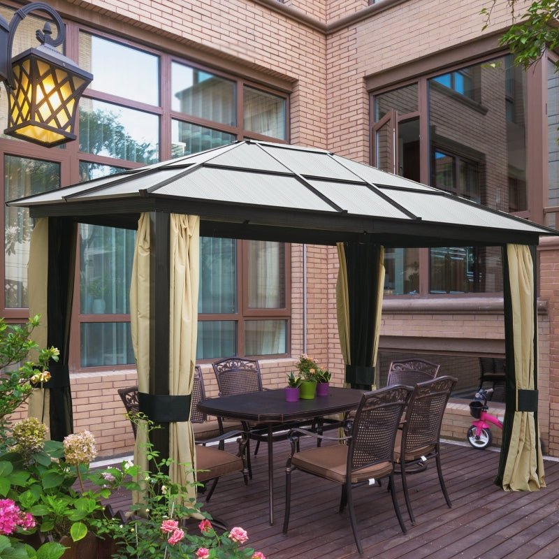 Earth Brown 3 x 3.6m Garden Gazebo with Aluminium Structure, Insect Screens, and Drapes - Trade Warehouse