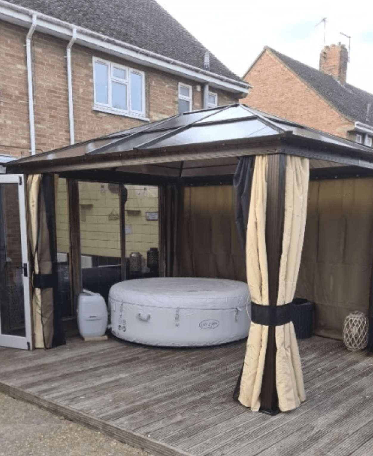 Earth Brown 3 x 3.6m Garden Gazebo with Aluminium Structure, Insect Screens, and Drapes - Trade Warehouse