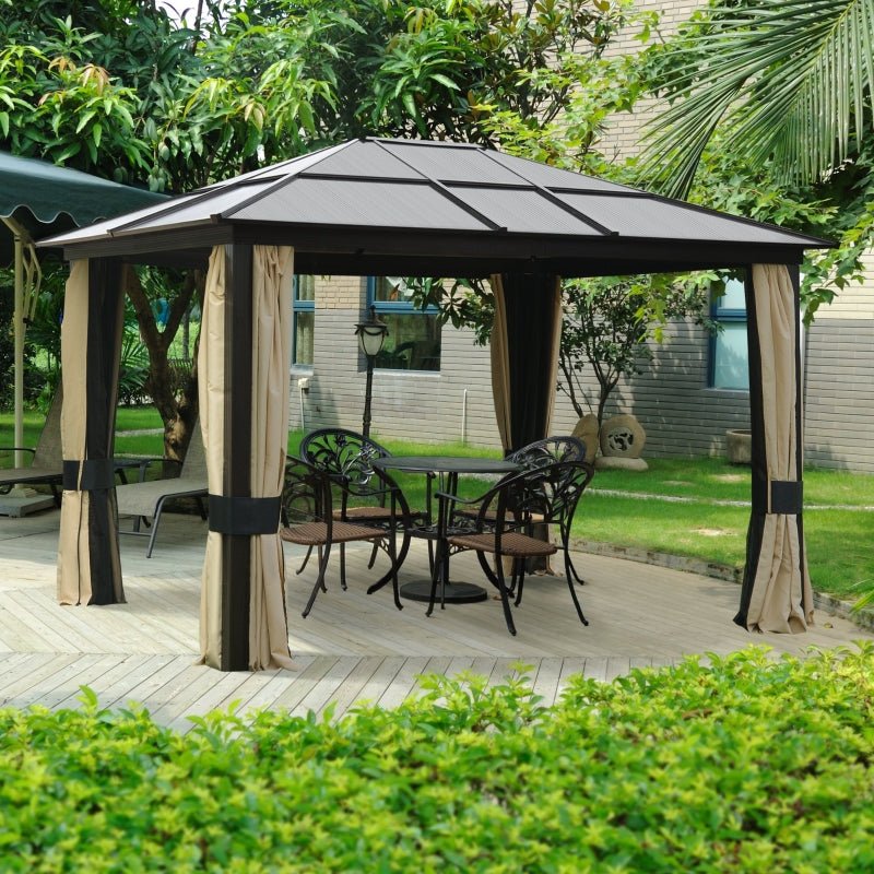 Earth Brown 3 x 3.6m Garden Gazebo with Aluminium Structure, Insect Screens, and Drapes - Trade Warehouse