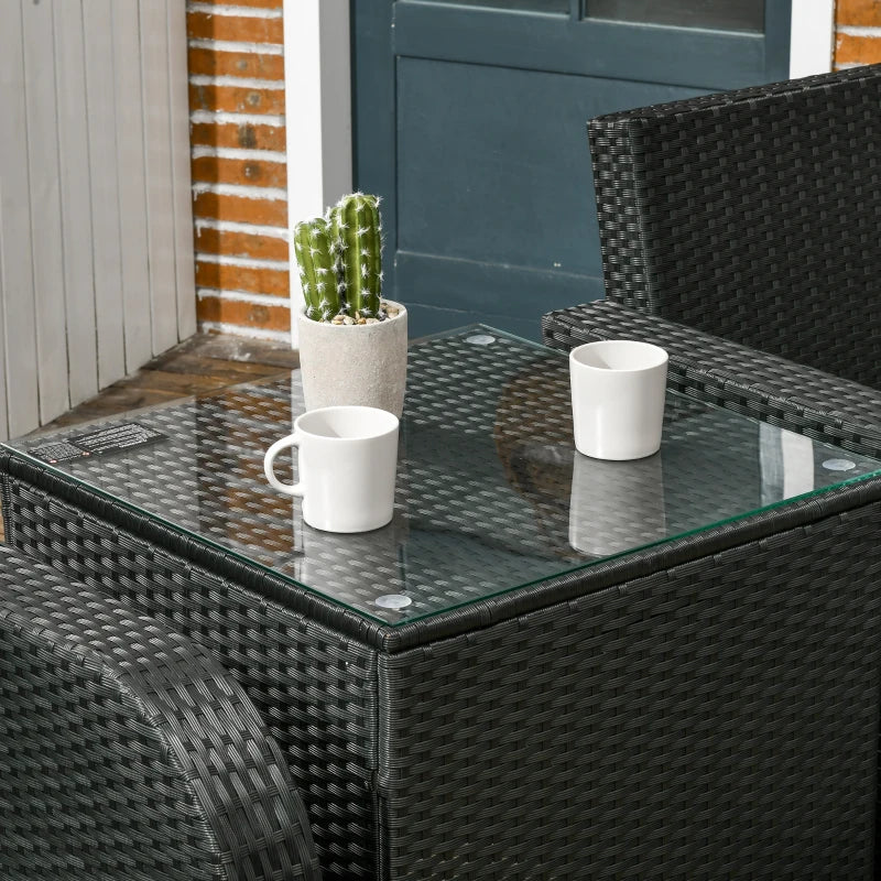 Black 7 Seater Rattan Furniture Set with Wicker Sofa, Reclining Armchair and Glass Table