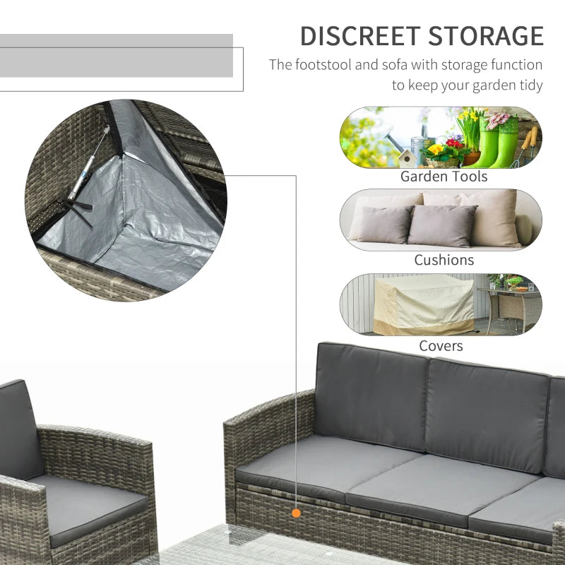 Rattan Garden Furniture Set With 3-Seater Sofa, 2 Single Chairs Plus Foot Stool & Coffee Table