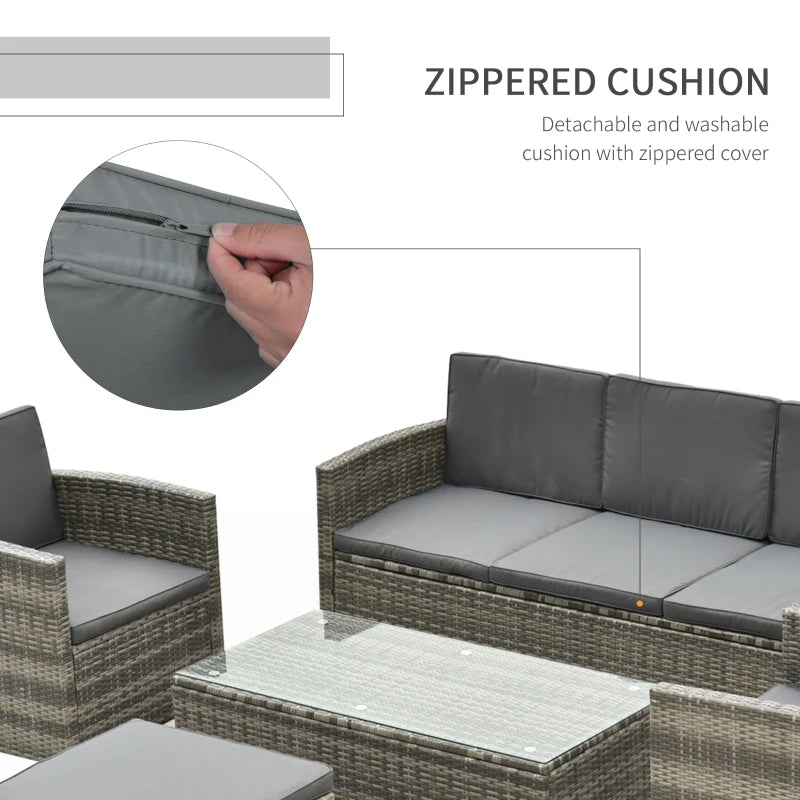 Rattan Garden Furniture Set With 3-Seater Sofa, 2 Single Chairs Plus Foot Stool & Coffee Table