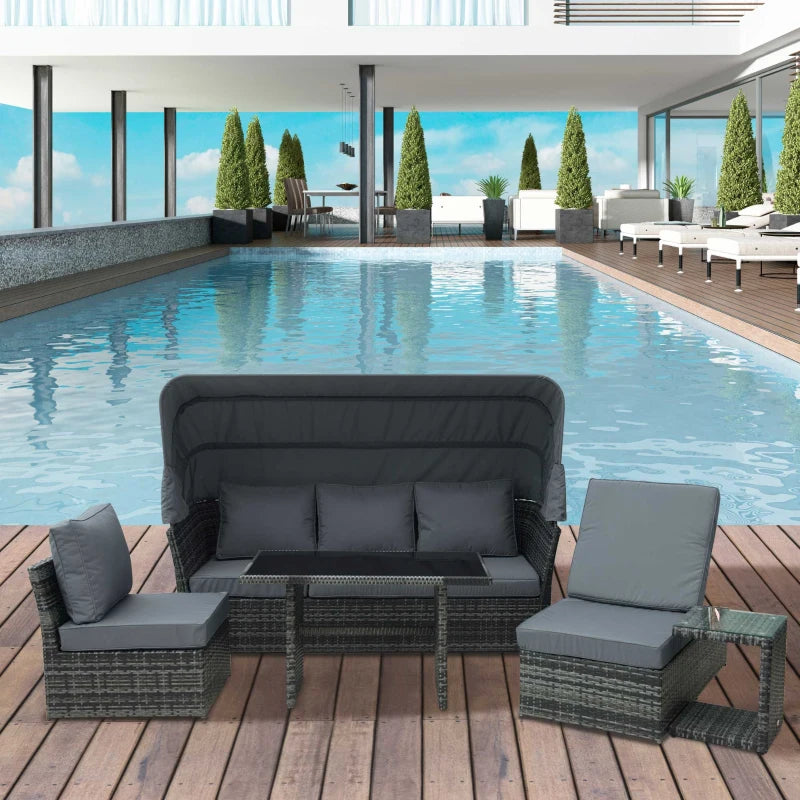Grey 5 Piece Rattan Furniture Set With Reclining Sofa & Dining Table Set