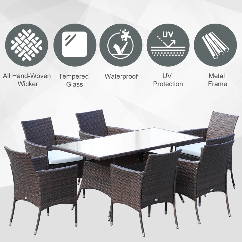 6 Seater Rattan Dining Set with Cushions - Rattan Garden Furniture Set with 6 Armchairs & Rectangular Glass Top Table