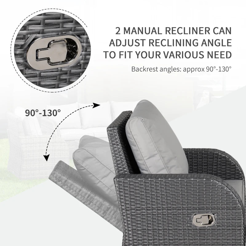 Light Grey 7 Seater Rattan Sofa, Coffee Table & Footstools