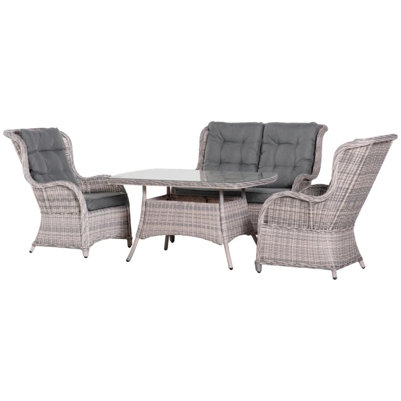 Grey 4 Seater Wicker Furniture Set - High Back Chairs with Cushions, Tempered Glass Coffee Table