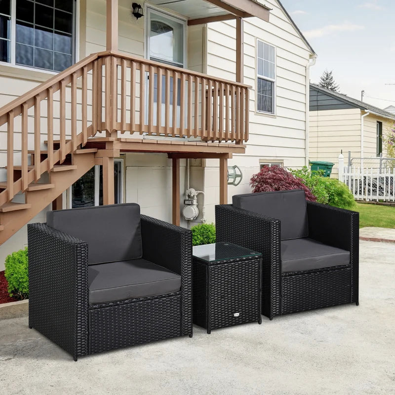 Black 3 Piece Rattan Bistro Set with 10cm Cushions