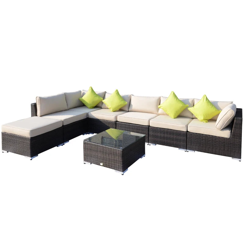Mixed Brown 8 Piece Rattan Corner Sofa Set with Thick Cushions and Glass Top Table