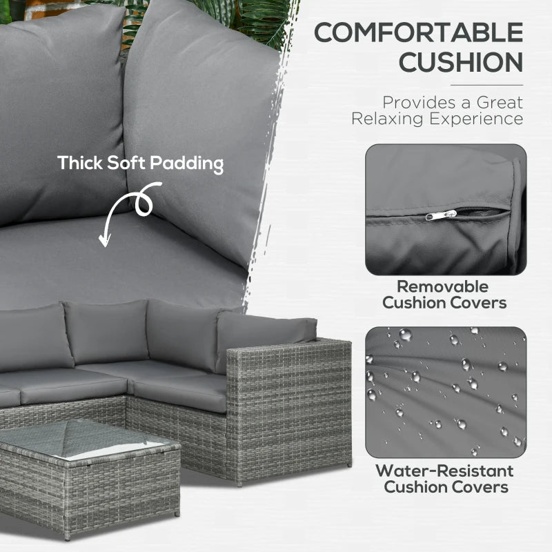 Grey 4 Seater Rattan Corner Sofa With Coffee Table and Thick Cushions