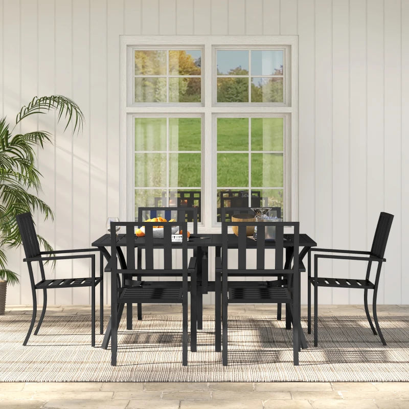 Black Metal 7 Piece Garden Dining Set With Umbrella Hole & Table Plus Stackable Chairs