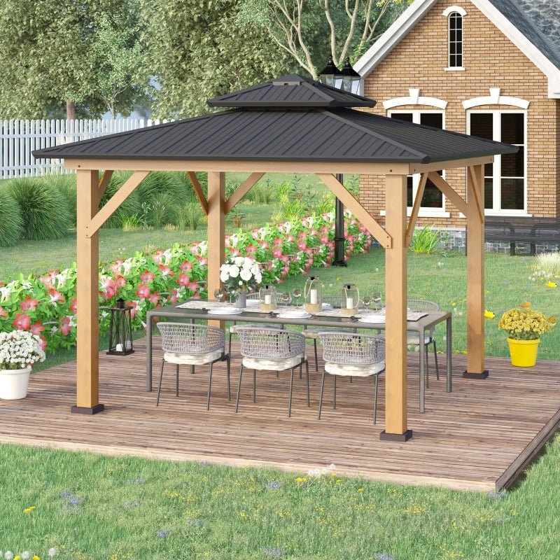 Fir Wood 3.5 x 3.5m Grey Patio Shelter: Two-tier Metal Roof Hardtop Gazebo Canopy - Trade Warehouse