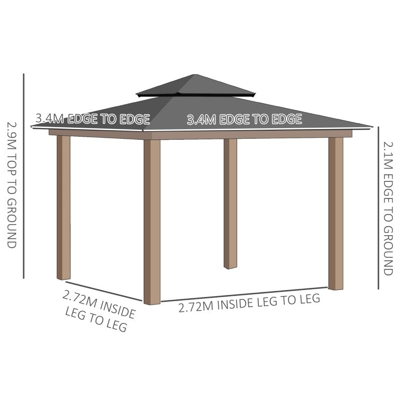 Fir Wood 3.5 x 3.5m Grey Patio Shelter: Two-tier Metal Roof Hardtop Gazebo Canopy - Trade Warehouse